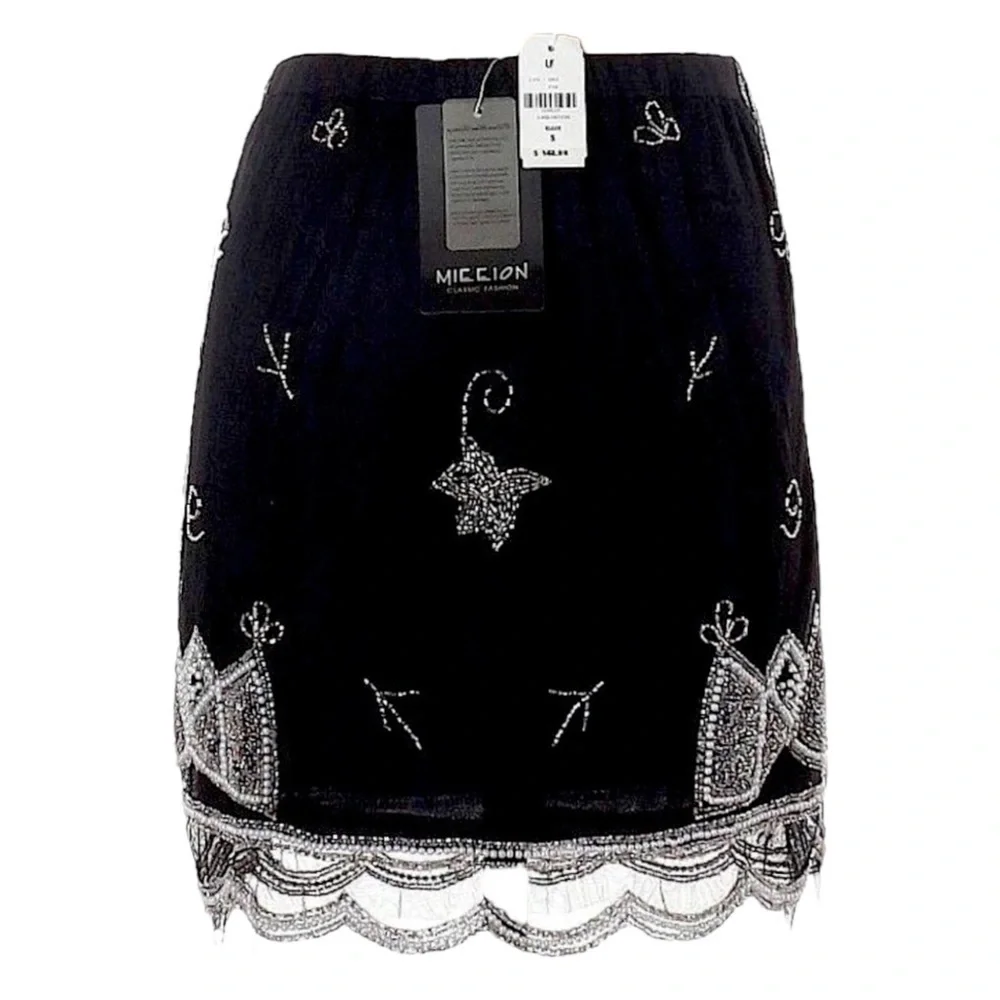 Mieeion Black Hand Beaded Intricate Boho Floral Mini Skirt Size S NWT